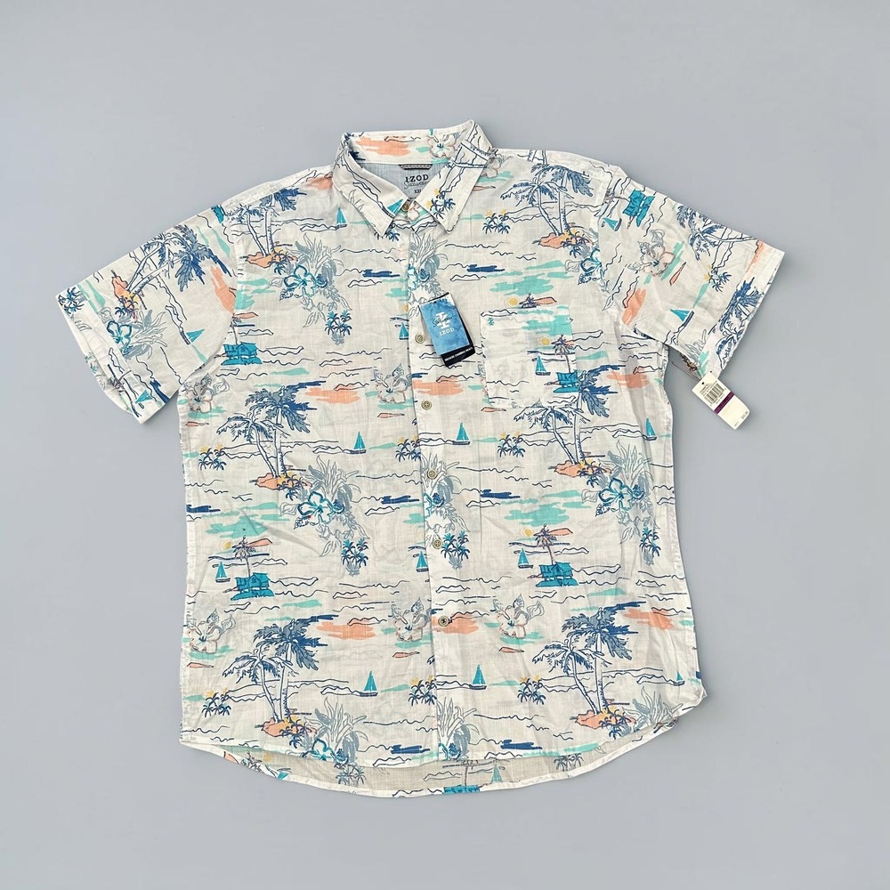 Izod Saltwater Men XXL White Tropical Palm Tree Sailboat Button Down Shirt NWT